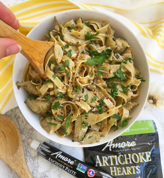 Garlic Anchovy Fettuccini with Artichoke Hearts & Capers